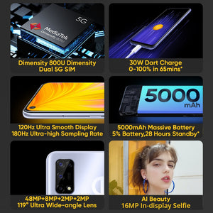 [World Premiere In Stock]realme 7 5G Dimensity 800U 6GB 128GB 120Hz Display 48MP Camera 5000mAh Global Version 30W Dart Charger